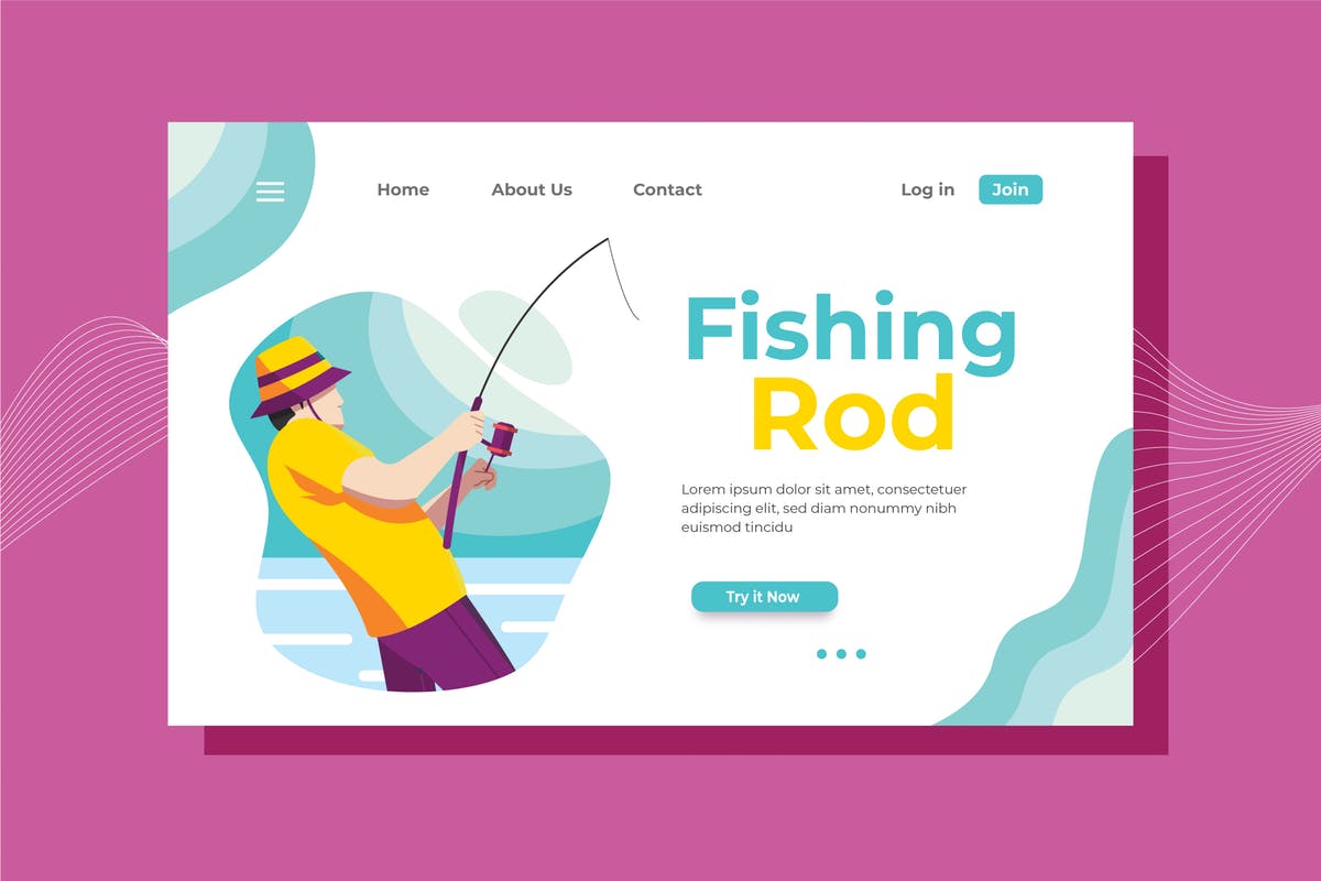 钓鱼竿钓具品牌网站着陆页UI模板 Fishing Rod Landing Page Illustration插图