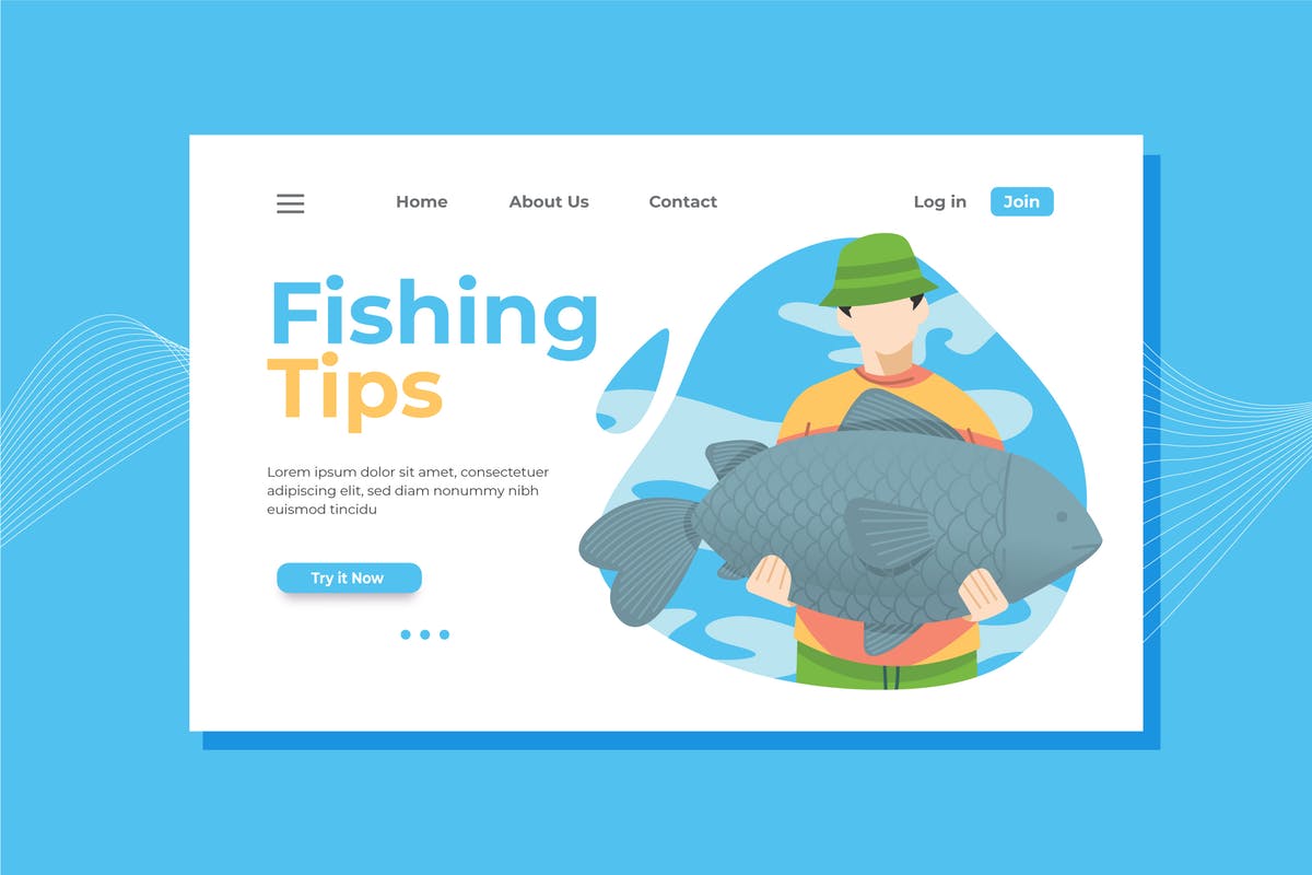 钓鱼钓具网站概念插画网站着陆页设计模板 Fishing Landing Page Illustration插图