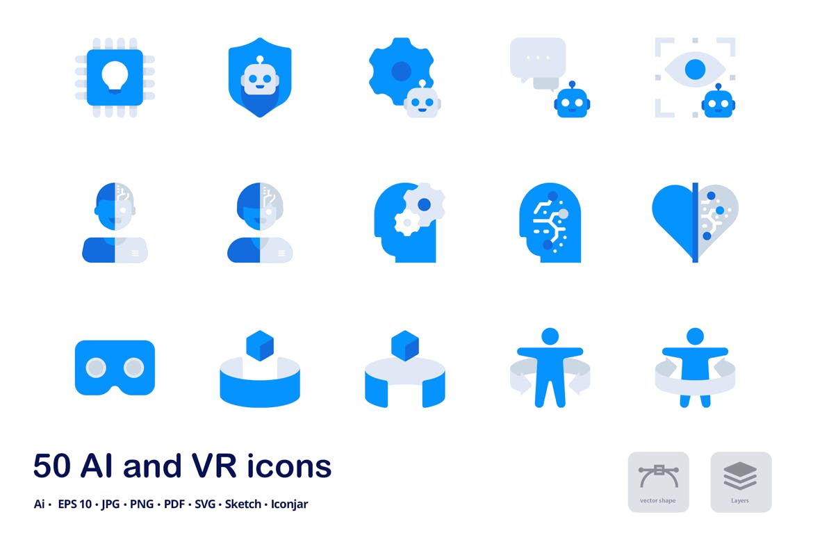 智能AI&虚拟现实VR主题双色调扁平化矢量图标 AI and VR Accent Duo Tone Flat Icons插图(1)