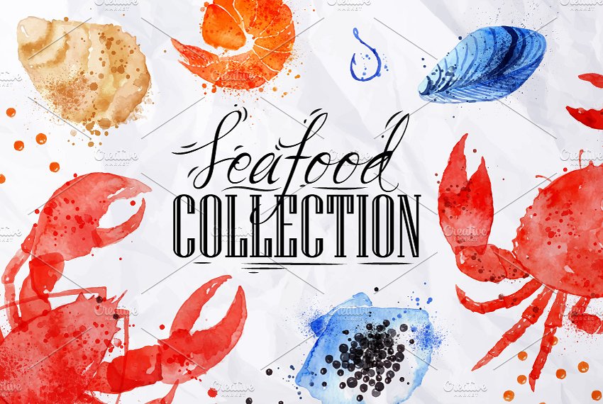 海鲜水彩矢量图形素材集 Set Seafood插图