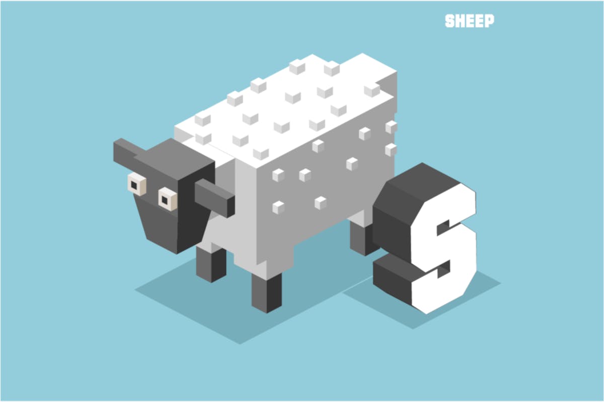 字母S&绵羊动物英文字母识字卡片设计2.5D矢量插画素材 S for sheep, Animal Alphabet插图