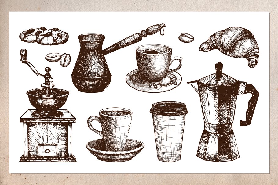 复古风格咖啡主题插画素材 Vinatge Coffee Design Set插图(1)