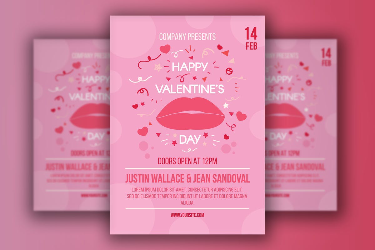 粉色情人节活动主题海报设计模板 Valentine’s Day Poster With Lips插图