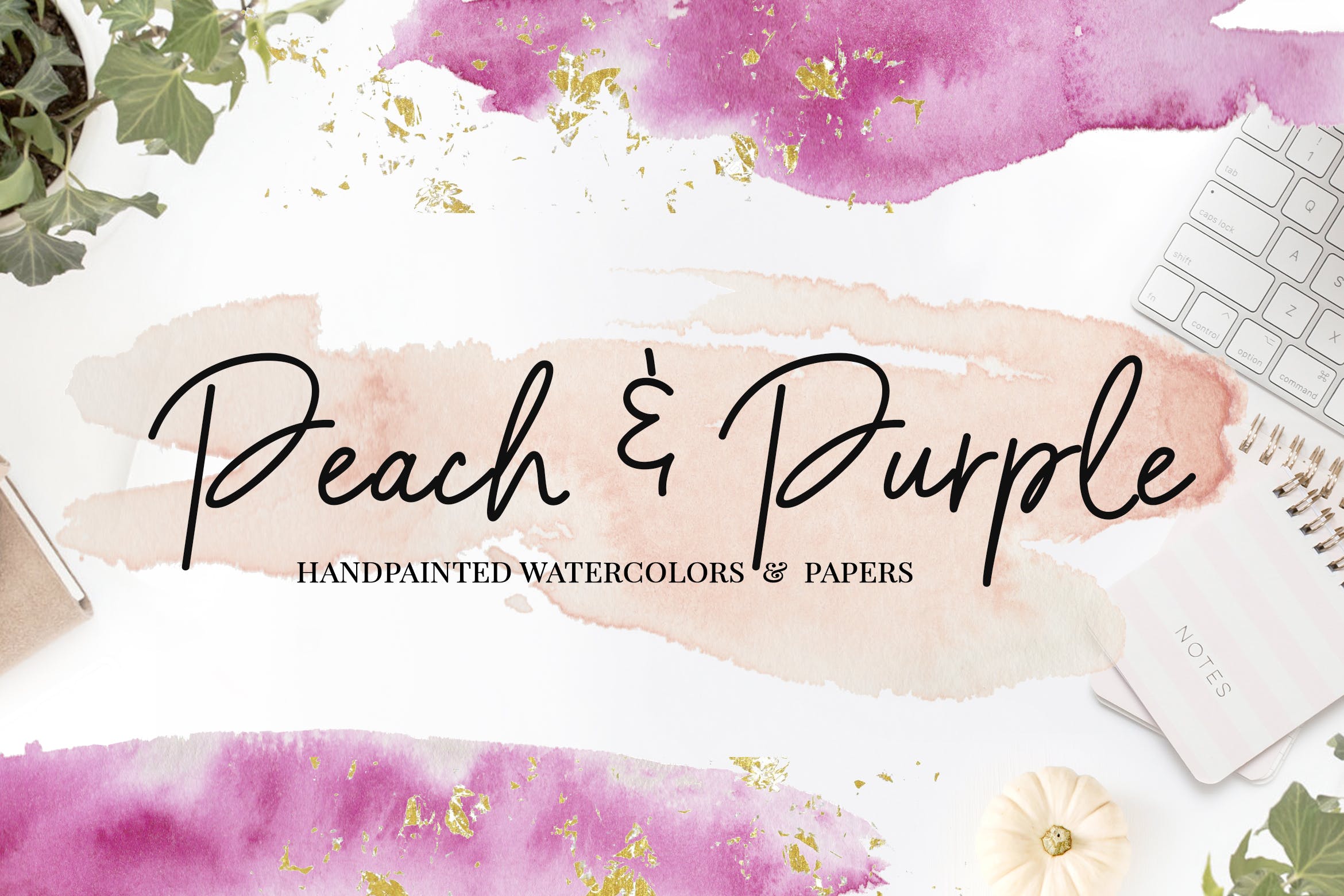 桃紫色水彩背景纹理设计素材 Peach & Purple Watercolor Textures插图