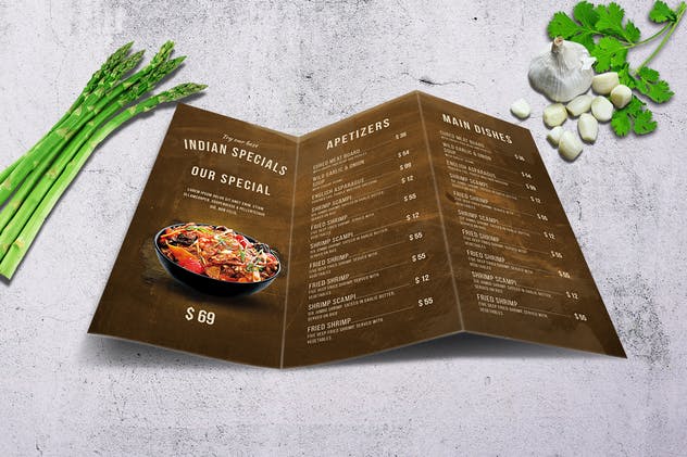 印度咖喱主题餐厅三折页食物菜单模板 Indian A4 & US Letter Trifold Food Menu插图(2)