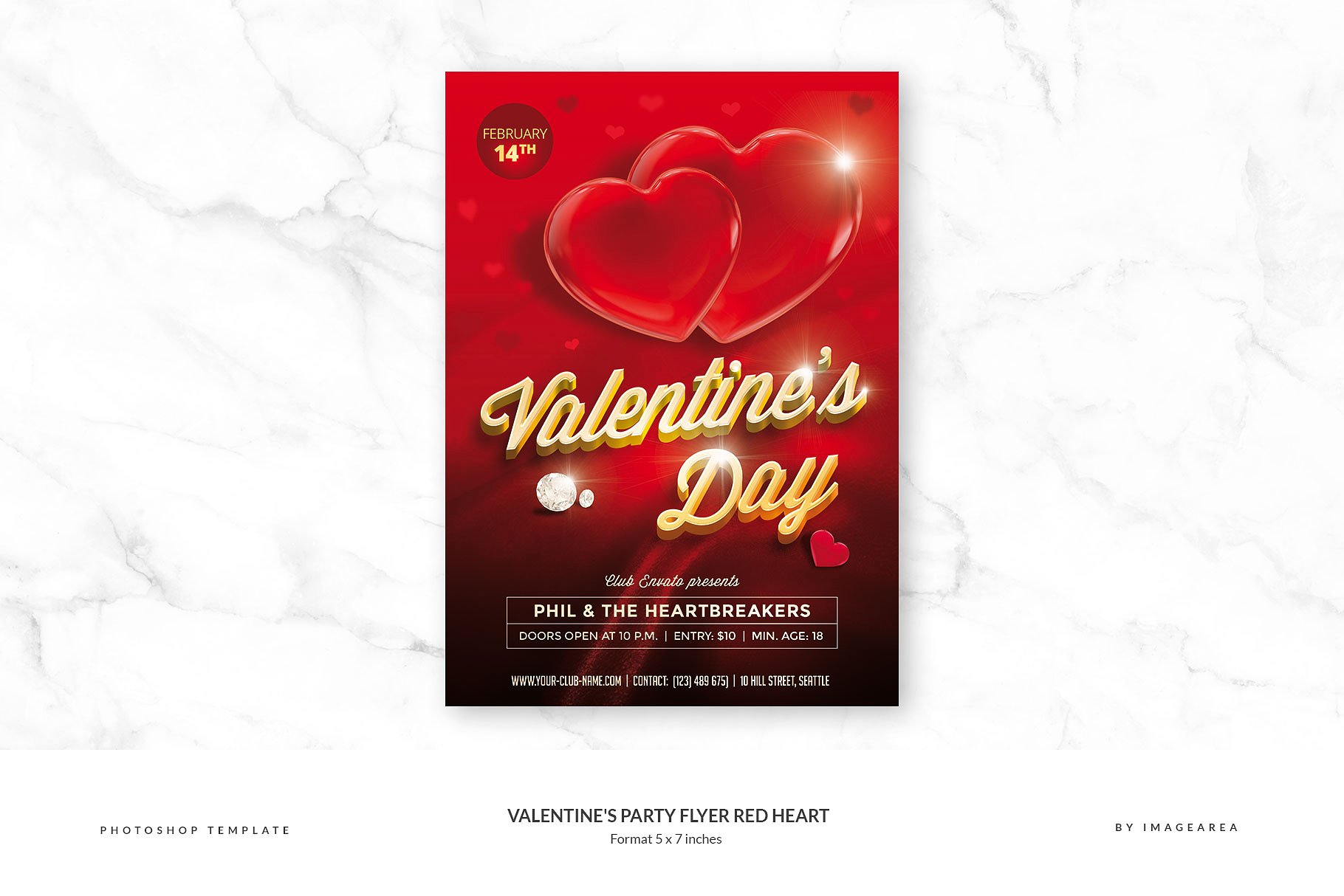 大红心-情人节活动派对传单模板  Valentine’s Party Flyer Red Heart插图