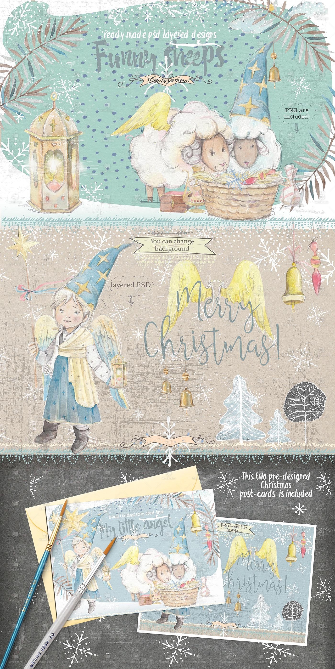 圣诞节日素材-手绘水彩天使素材包 “Little angel”[1.33GB, 贺卡模板+无缝纹理+Page+元素]插图(3)