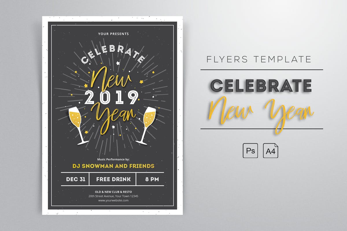 香槟图形新年祝酒会年会2019新年海报设计模板 New Year 2019 Flyers插图