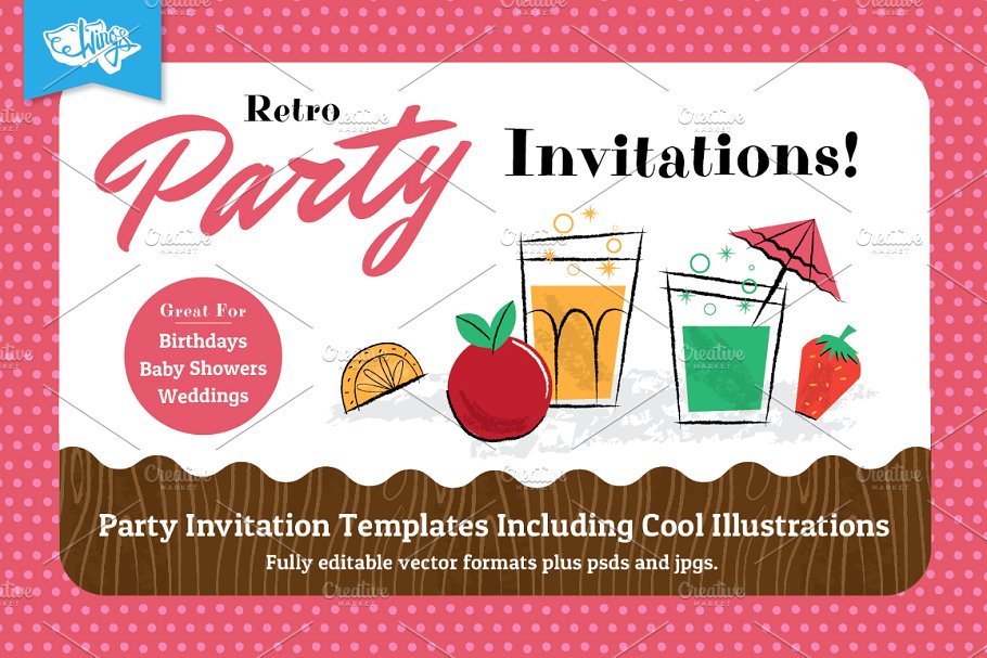 复古风格儿童派对聚会邀请函 Retro Children’s Party Invitations插图