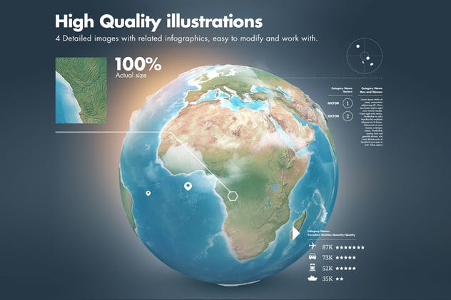 高清地球模型数据统计信息图表设计模板v2 Illustrations of the Earth with Infographics v2插图(2)
