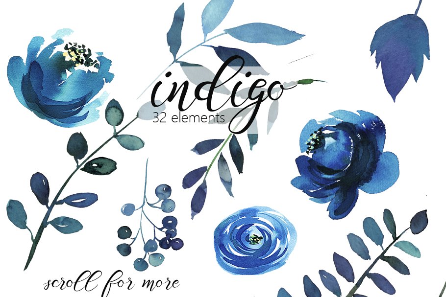 靛蓝水彩花卉剪贴画 Indigo Blue Watercolor Flowers Set插图(1)