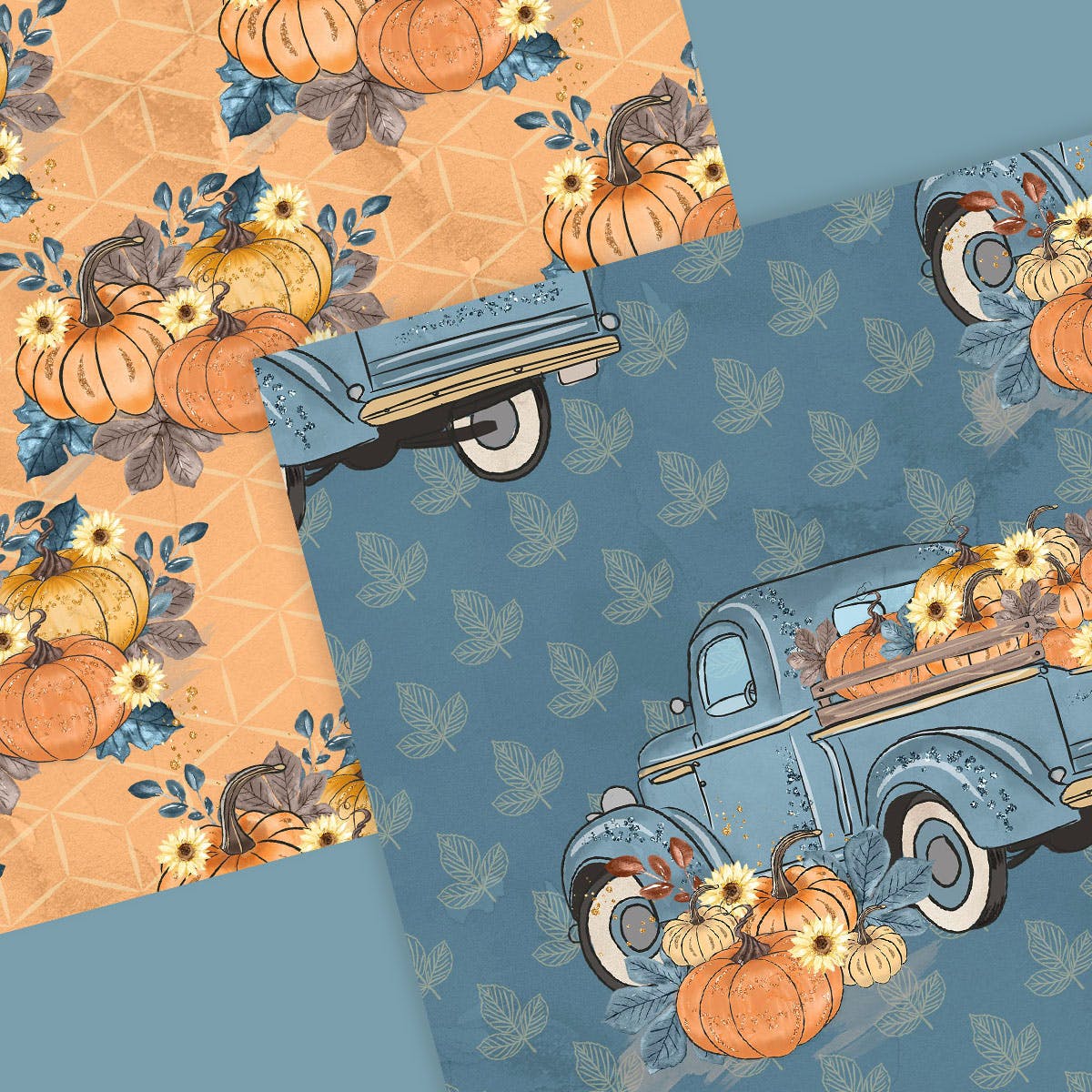 蓝色水彩手绘南瓜车数码纸张图案设计素材 Pumpkin Truck Blue digital paper pack插图(5)