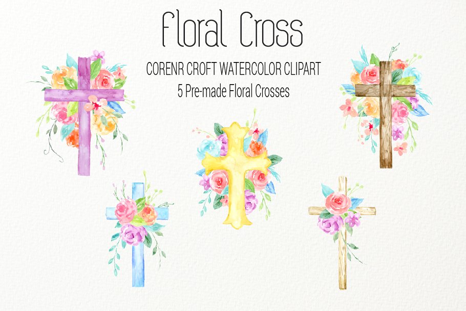 水彩艺术花卉十字架剪贴画 Watercolor clip Art Floral Cross插图(3)