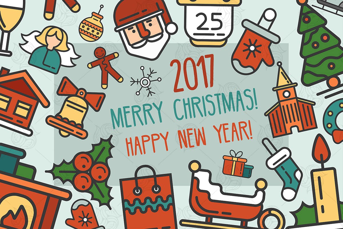 圣诞节&新年主题扁平风明信片贺卡设计模板 Merry Christmas & Happy New Year Postcard插图