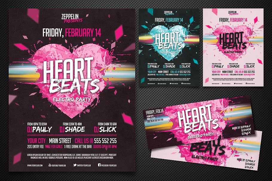 激情DJ音乐派对活动传单模板 Heart Beats Flyer Template插图(1)