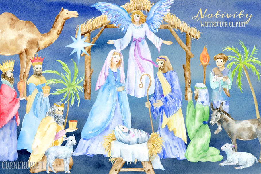 手绘水彩耶稣诞生元素合集 Watercolor Illustration Nativity插图