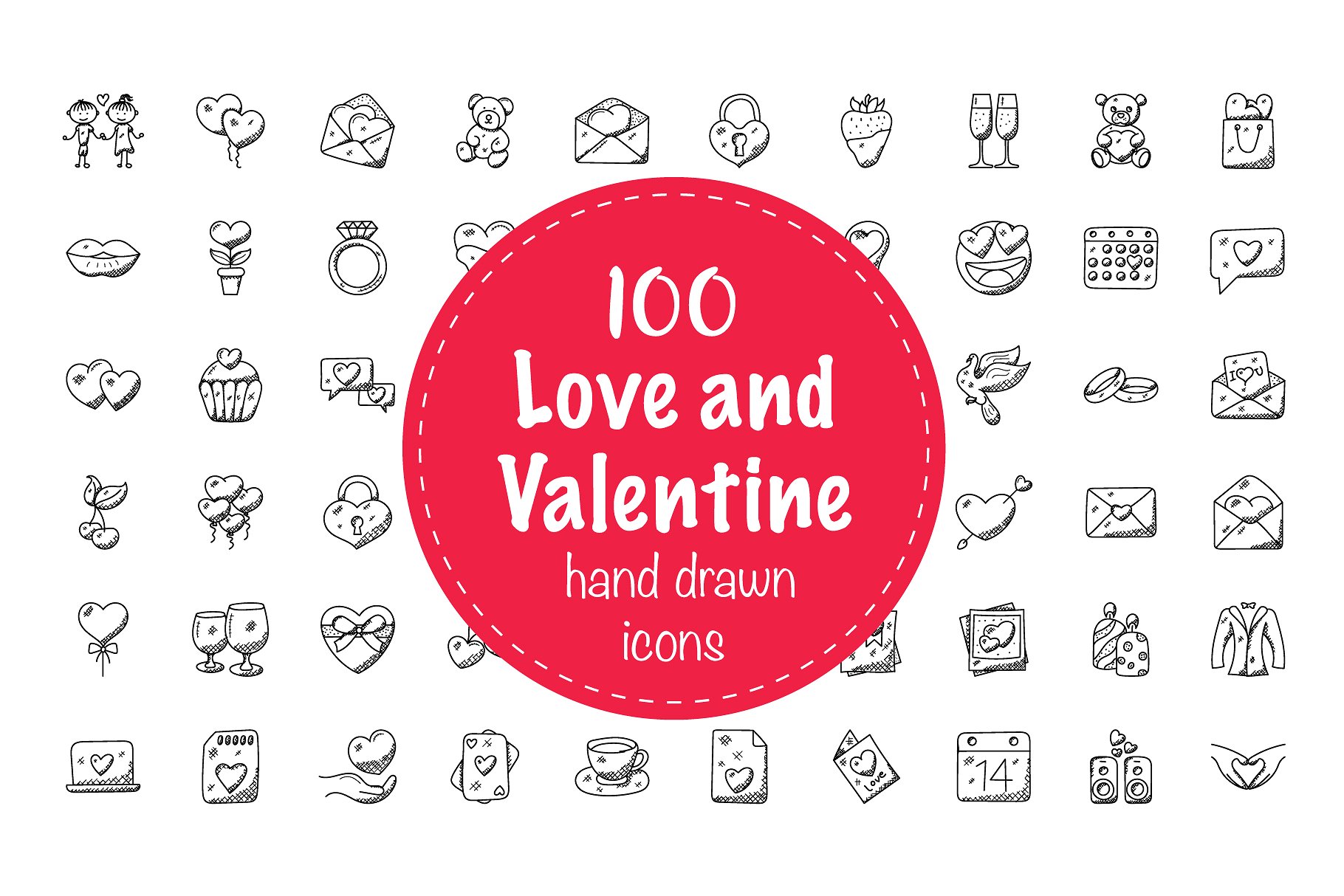 100枚爱和情人节涂鸦图标 100 Love and Valentine Doodle Icons插图