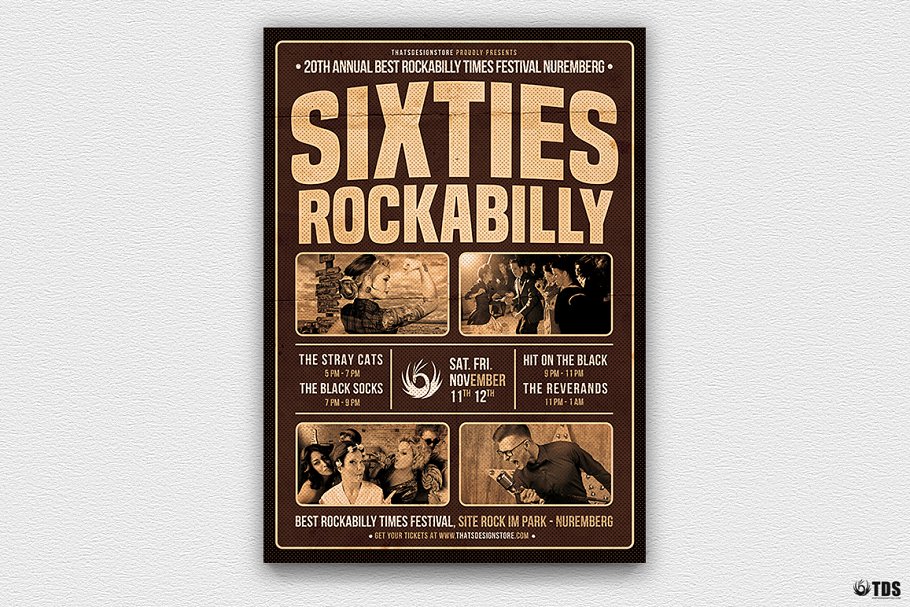 六十年代摇摆舞音乐会传单PSD模板 Sixties Rockabilly Flyer PSD插图(1)