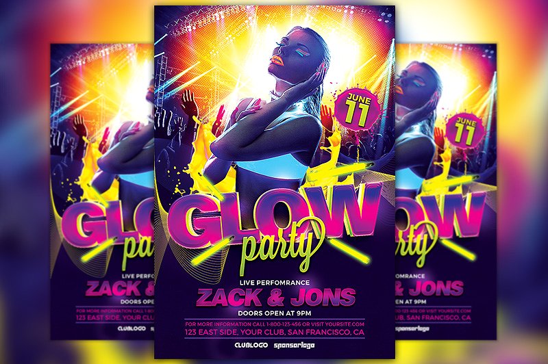 夜场派对俱乐部海报设计PSD模板 UV Glow Party Flyer Template插图