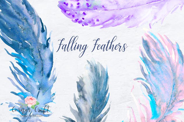 水彩羽毛元素剪贴画套装 Watercolor Falling Feathers, Feather Clip Art插图(2)