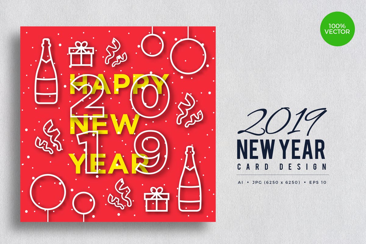 线条图形插画2019年新年贺卡设计模板v5 Happy New Year 2019 Vector Card Vol.6插图