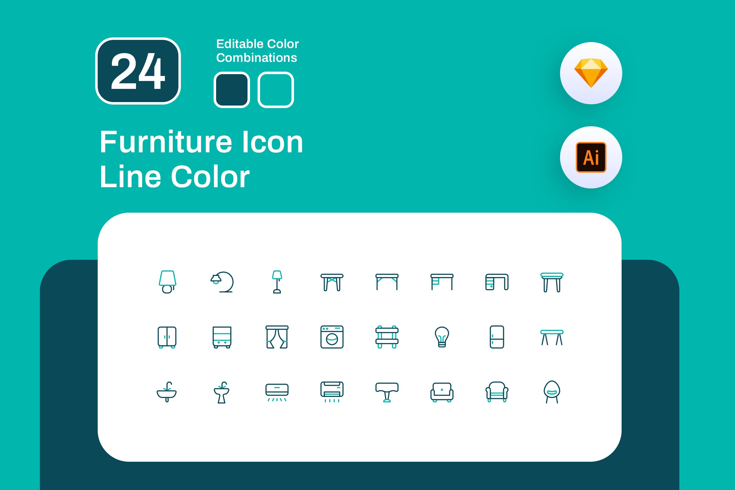 24枚建筑主题彩色线性矢量图标 Furniture Icon Line Color插图