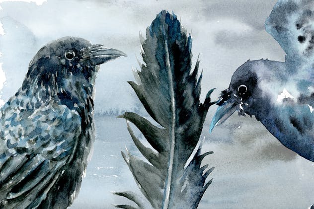 万圣节主题乌鸦&巫婆水彩插画合集 Halloween Crows and Witch Watercolor插图(4)