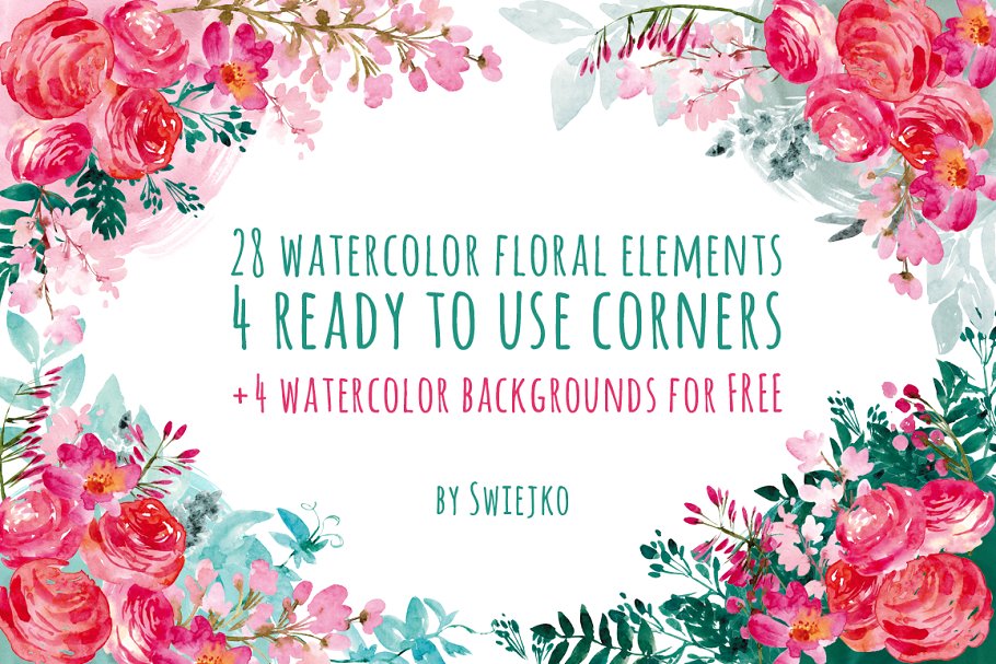 水彩花卉元素、角&背景 Watercolor flowers, corners插图