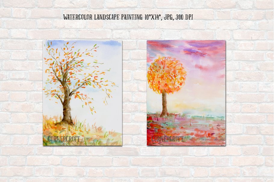 手绘水彩秋天山水景观背景 Watercolor Landscape Autumn Color插图(5)