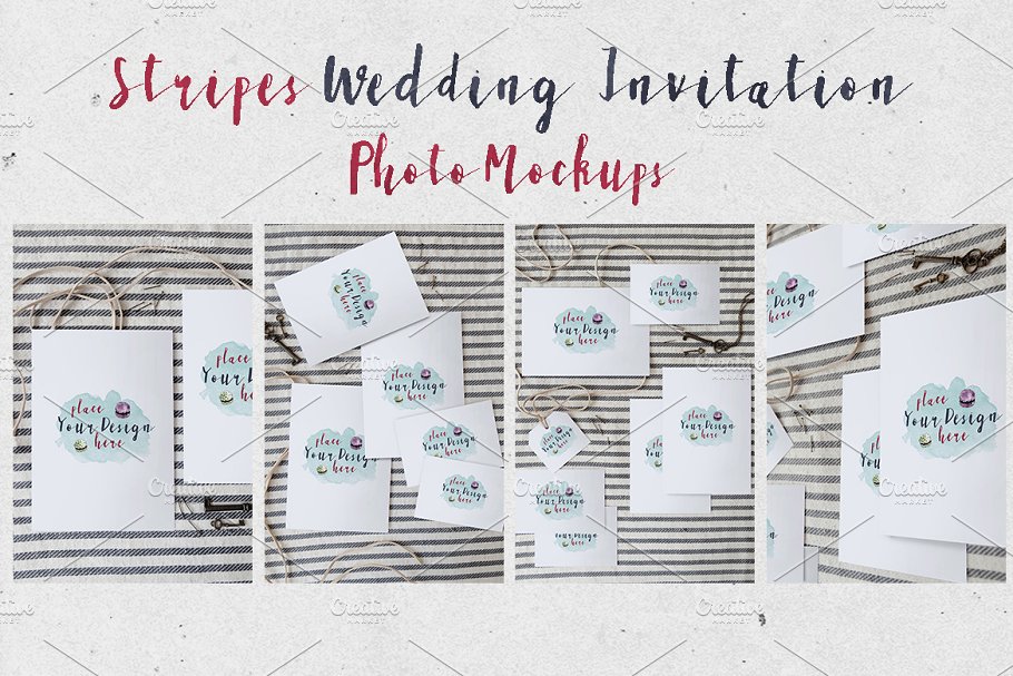 条纹风格婚礼设计物料样机模板 Stripes Wedding Invitation Mockups插图(4)