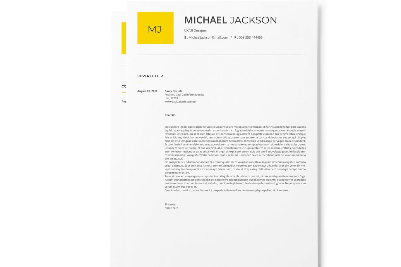 极简设计风格个人电子简历&介绍信设计模板 Minimal Resume And Cover Letter With Yellow Acsen插图(1)