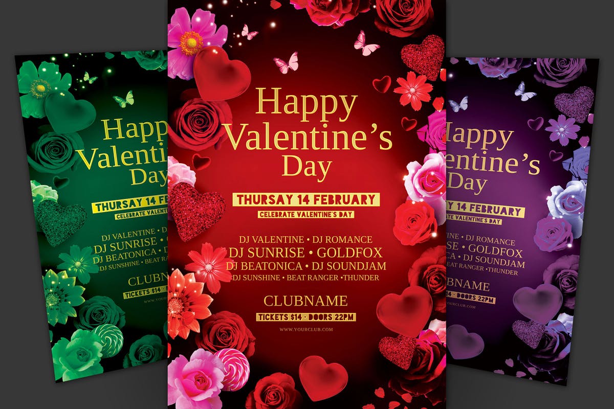玫瑰爱心浪漫主题情人节海报模板 Valentine Flyer插图