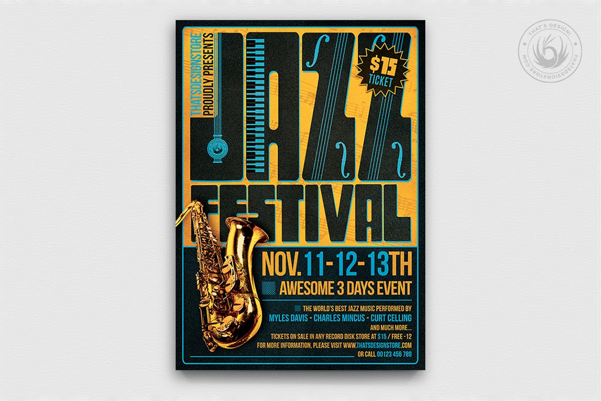 爵士音乐会活动海报模板设计v2 Jazz Festival Flyer Template V2插图