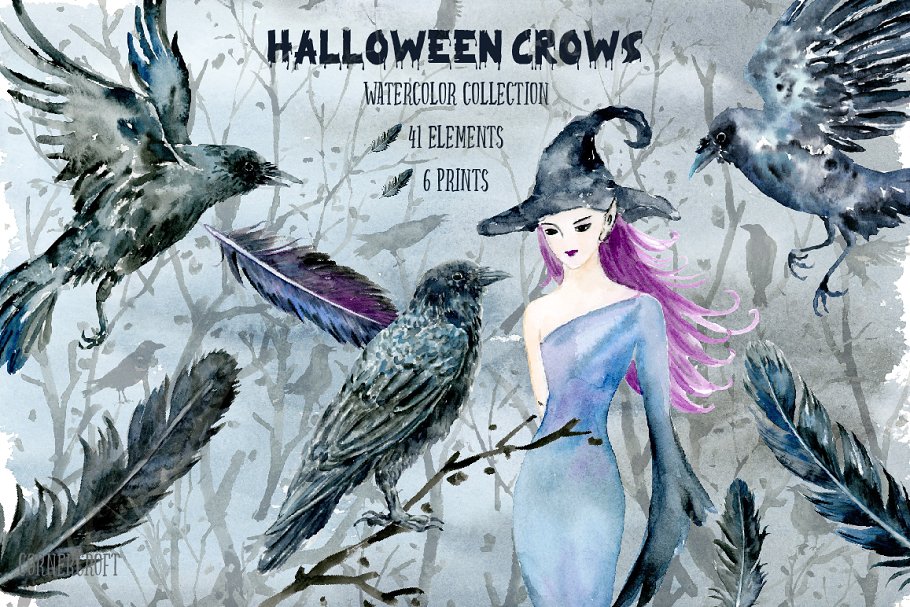万圣节乌鸦和女巫水彩插画 Watecolor Halloween Crows & Witch插图