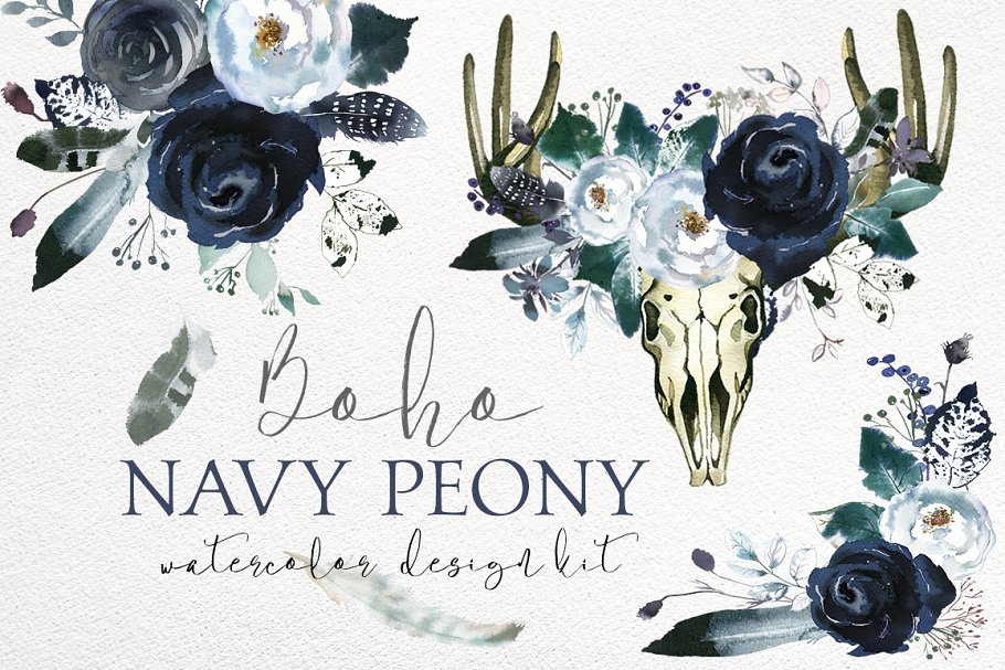 波希米亚式海军蓝牡丹花设计套件 Boho Navy Peony Floral Design Kit插图
