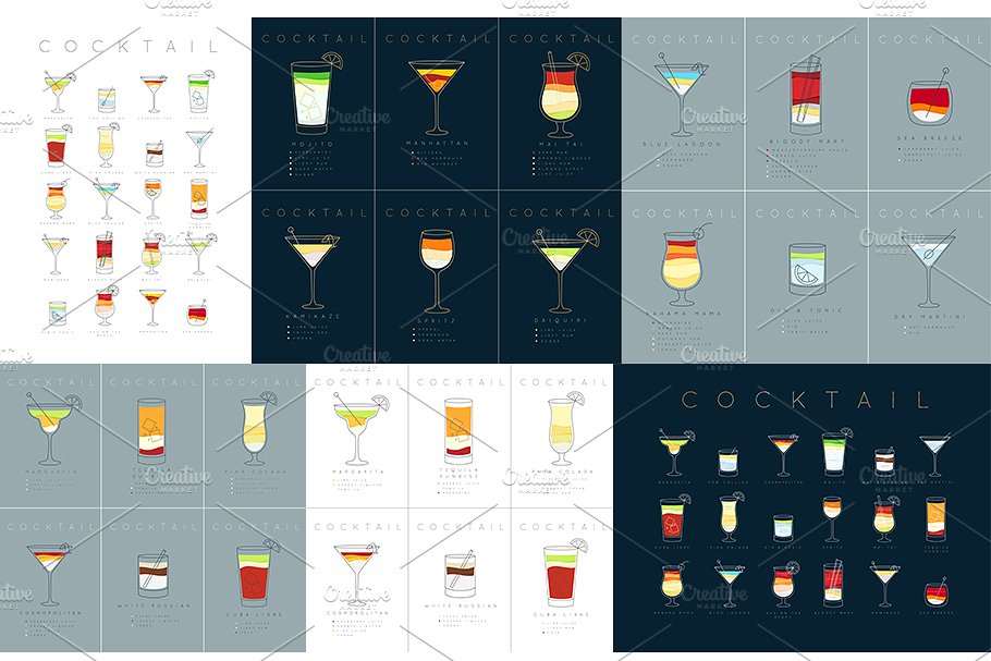 鸡尾酒会扁平风格海报模板 Cocktails Flat Posters插图(6)