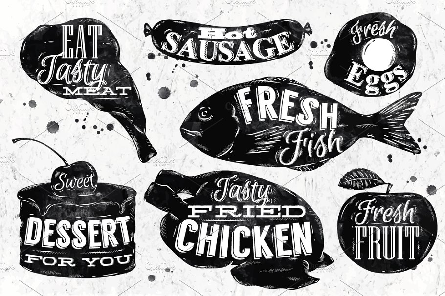 复古风格食物符号插画 Food retro symbols插图
