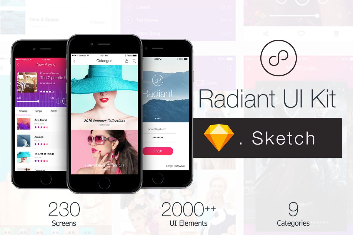 SKETCH专用模板素材高品质APP应用UI套件 Radiant Mobile UI Kit – 200+ for Sketch插图