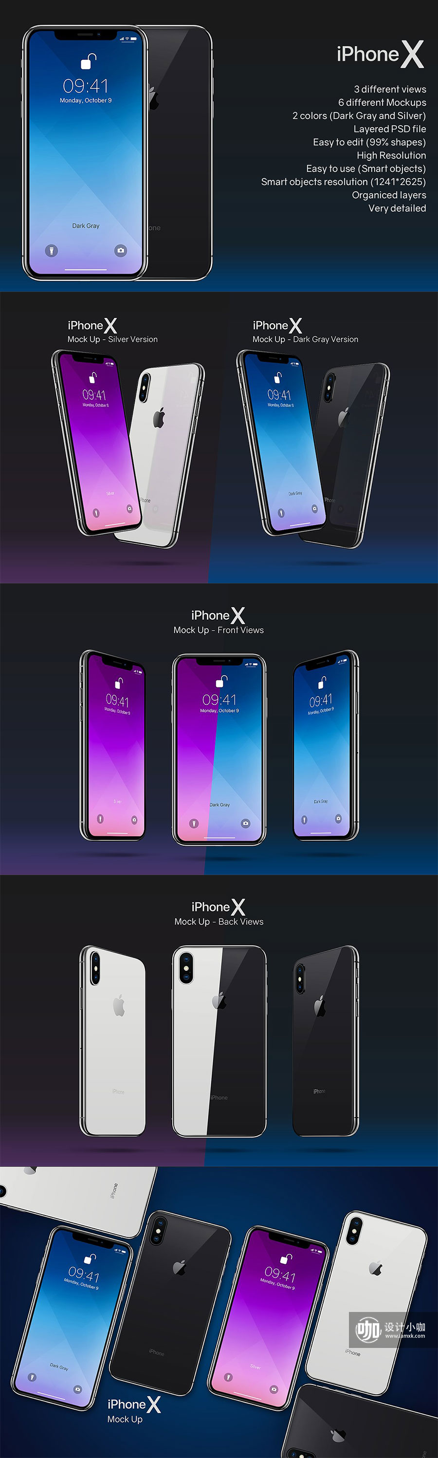 质感酷炫的多角度iphone X展示模型 Mockups 下载 Psd 人人图库