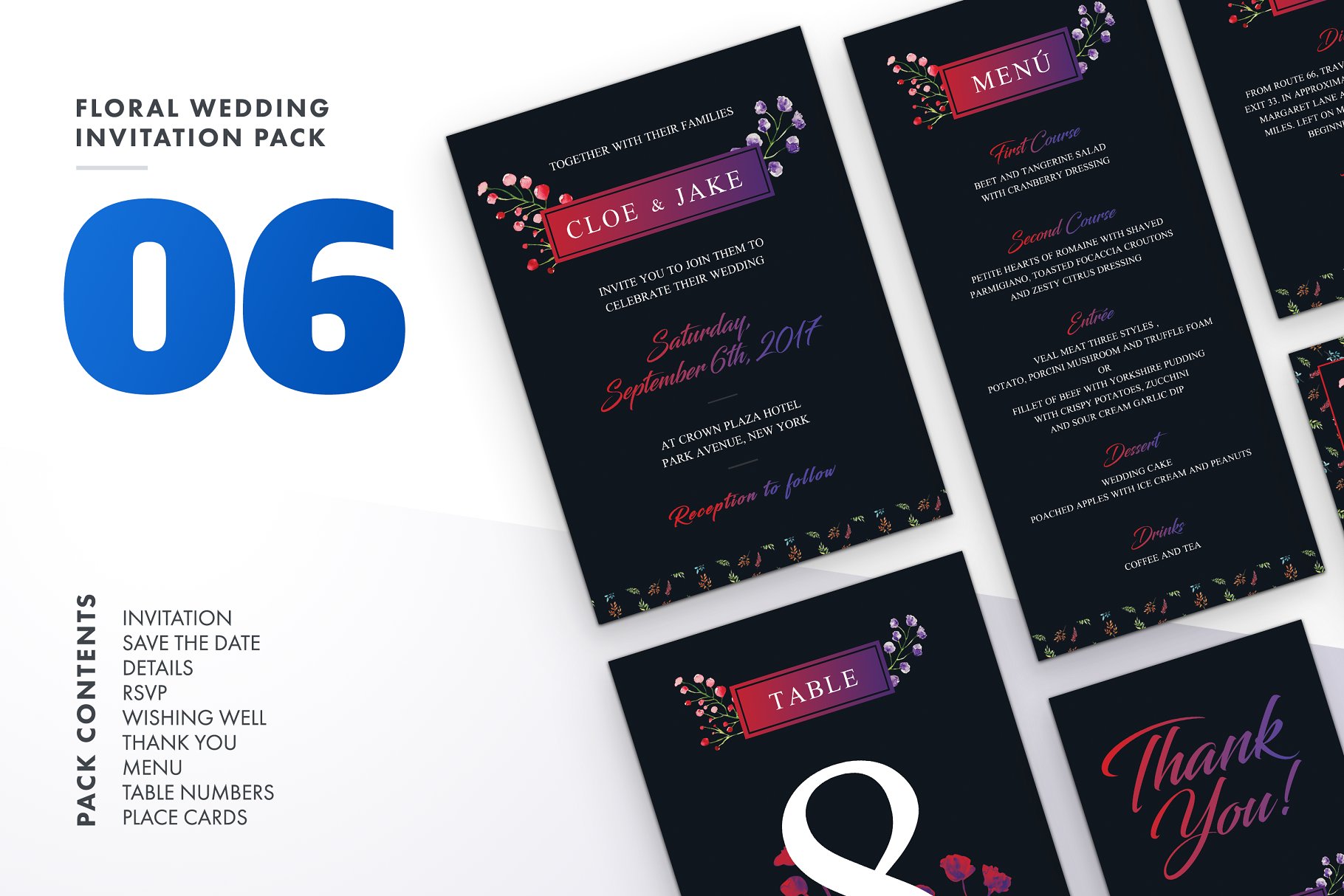 暗夜色调婚礼邀请函设计模板v6 Floral Wedding Invitation Set Vol.6插图