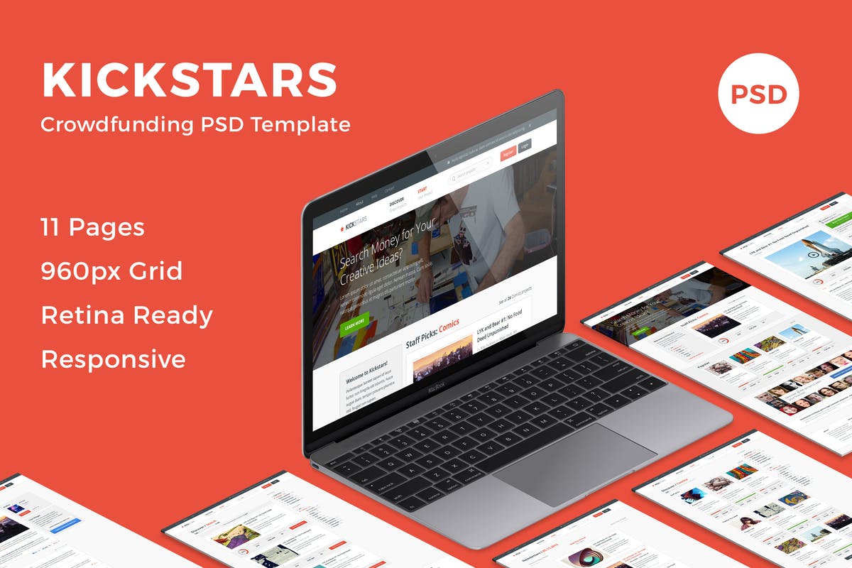 类Kickstars众筹网站设计PSD网站模板 Kickstars – Crowdfunding PSD Template插图
