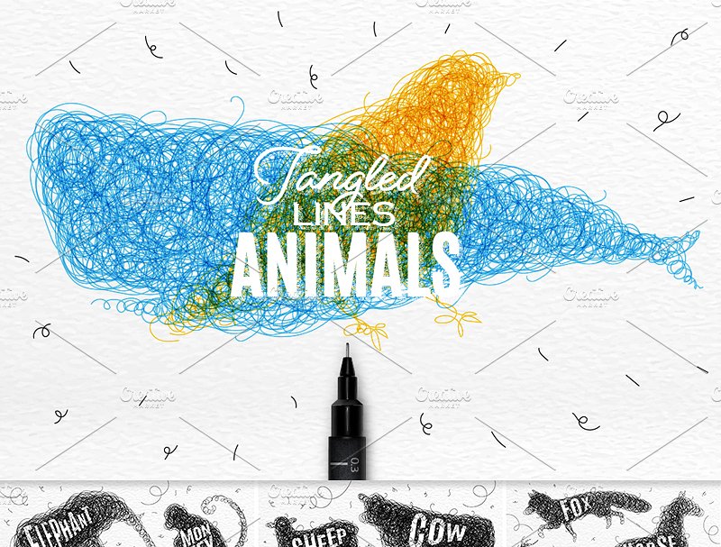 绒线编织动物矢量图形 Animals tangled line插图