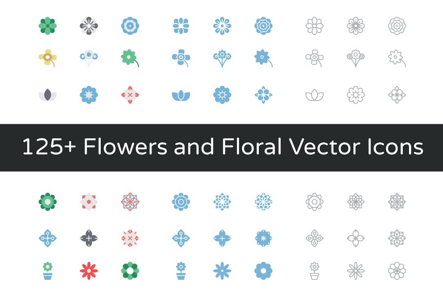 125+彩色几何矢量花卉小图标 125+ Flowers and Floral Vector Icons插图