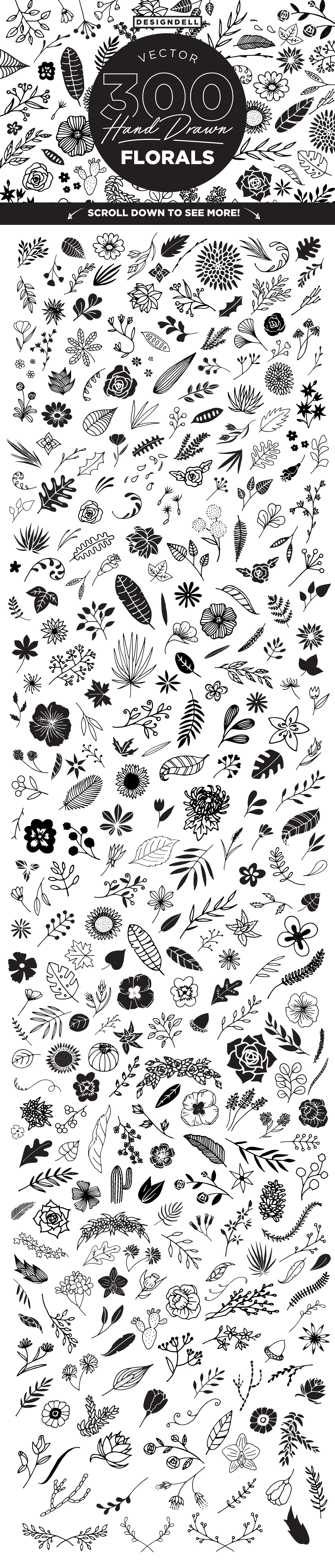 300幅手绘线条艺术风格花卉剪贴画 300 Hand Drawn Florals插图