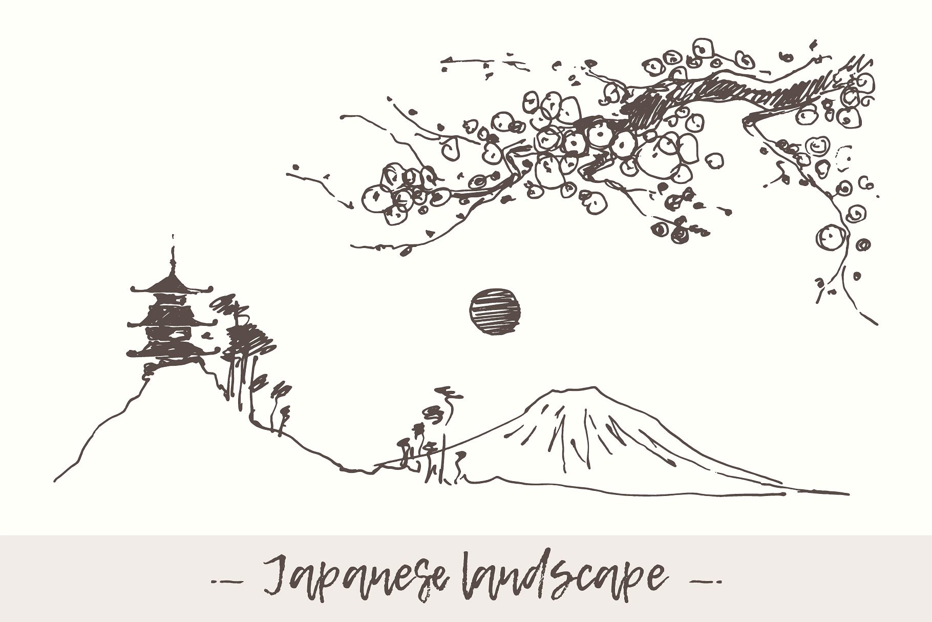 富士山与宝塔素描图形 Mount Fuji with pagoda插图