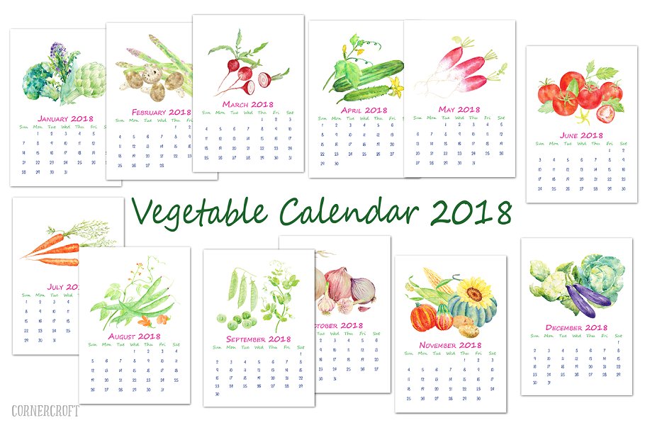 特色水彩瓜果蔬菜年历模板  Watercolor Vegetable Calendar插图(2)