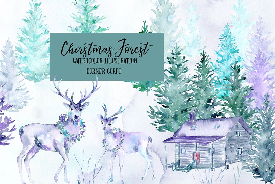 圣诞节奇幻森林水彩插画 Watercolor Christmas Forest插图