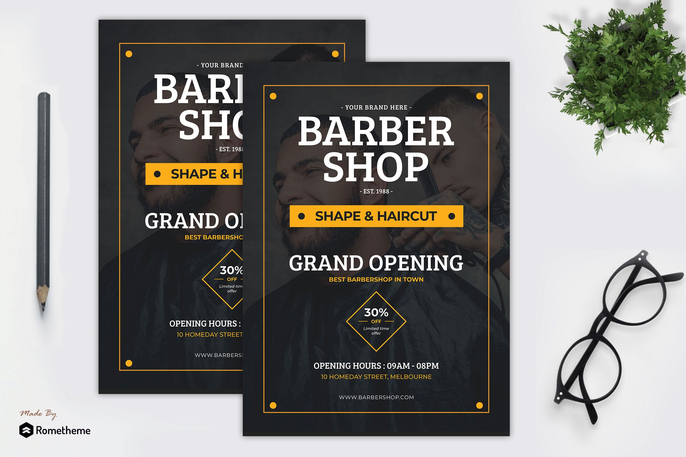 理发店开业活动广告海报传单设计模板 Barbershop – Grand Opening Flyer Template插图