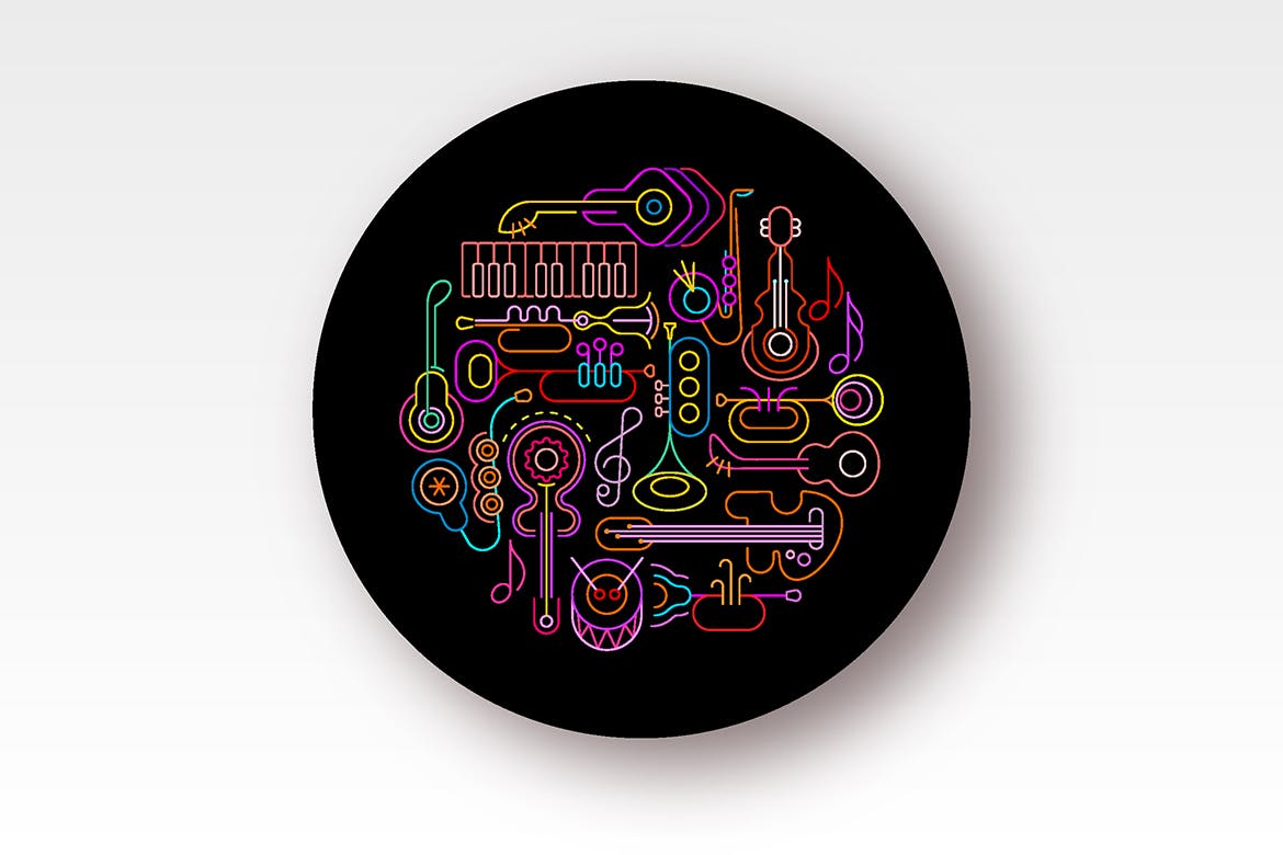 霓虹设计风格音乐乐器主题圆形矢量插画 Musical Instruments Neon round shape vector design插图(1)