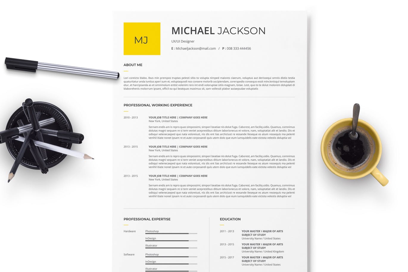 极简设计风格个人电子简历&介绍信设计模板 Minimal Resume And Cover Letter With Yellow Acsen插图
